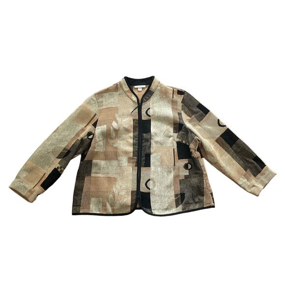 1990s VTG dressbarn Tan Black Textured Tapestry Lightweight Zip Up Jacket 1X - Picture 1 of 5